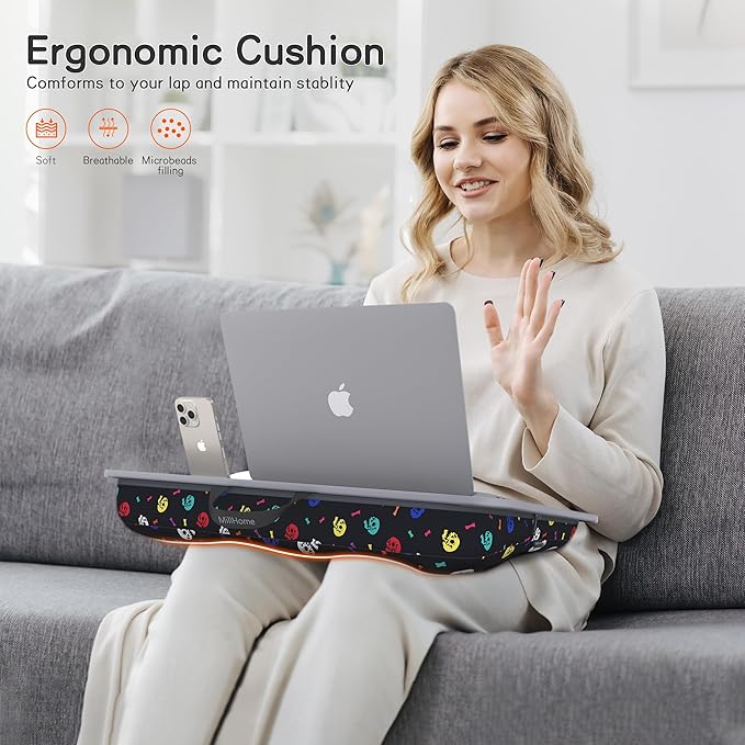 Millhome Lap Desk | Portable Laptop Desk – Fits Up to 17.3" Laptops – Detachable & Washable Cushion, Phone Holder, Device Ledge – for Writing, Working, Reading on Bed, Couch, Sofa, Floor – Black Skull