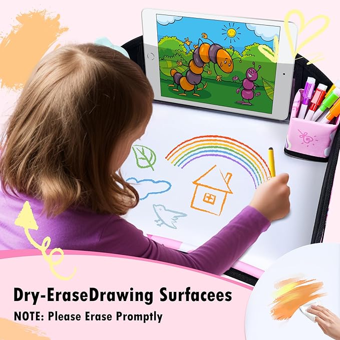 WENRENER Kids Travel Tray, Car Seat Tray for kids Travel, Toddler Road Trip Essentials With Drawing Kit, Toddler Lap Desk Organizer for Car, Carseat Table for Airplane