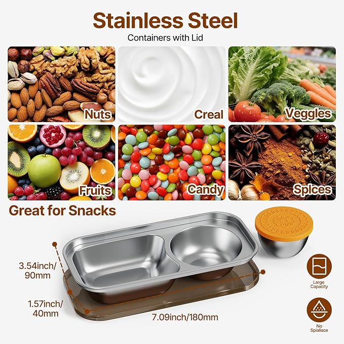 Kitlead 2 Compartment Grab and Go Snack Containers Reusable,Stainless Steel Snack Containers with Lid for Travel, Outdoor Camping and Daily Use (Set of 8)