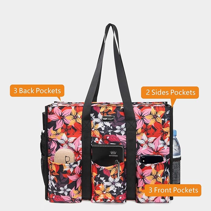 TOPDesign Utility Water Resistant Tote Bag with 13 Pockets, Top Zipper Closure & Thick Bottom Support, for Working Women