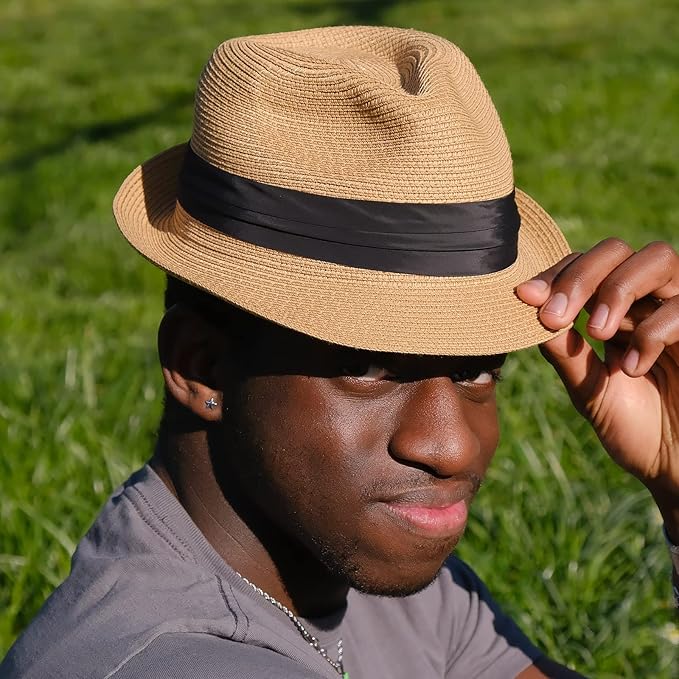 DRESHOW Women Straw Panama Hat Travel Fedora Beach Sun Hat Summer Wide Brim Straw Roll up Hat UPF 50+