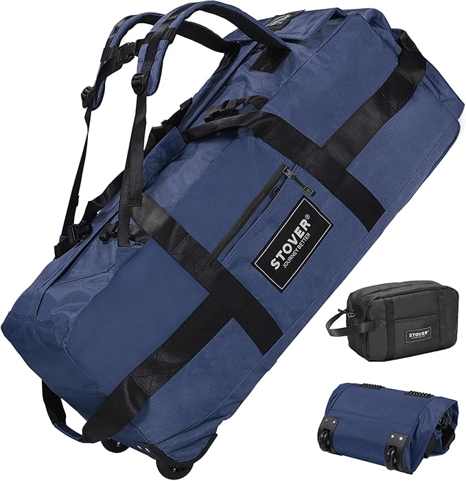 STOVER 80L Rolling Duffel Bag with Wheels, Large Durable Travel Duffle + Toiletry Bag, Heavy Duty, Packable, Foldable with Shoulder Straps- Use as Luggage or Backpack, Men/Women (Navy Blue)