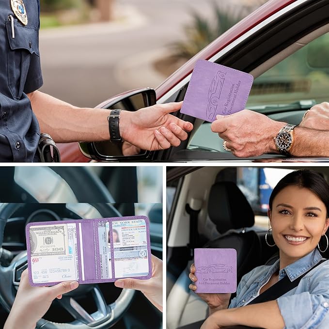 2-Pack Car Registration and Insurance Holder, Car Organization Vehicle Document Organizer with Magnetic Closure for Cards, License in Glove Box, Purple