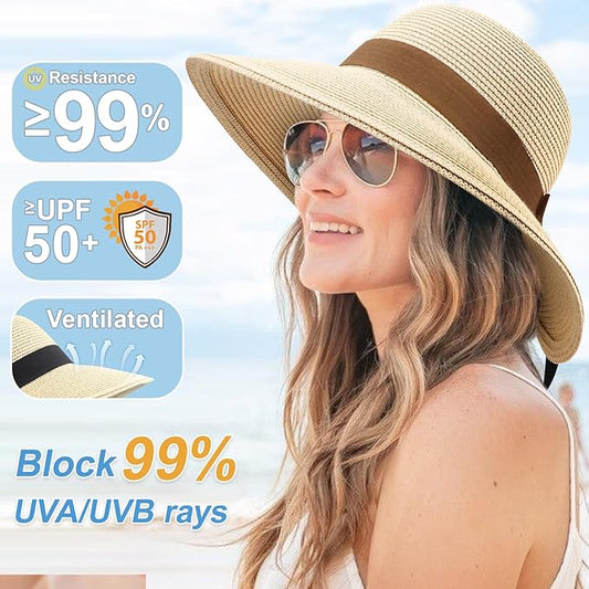 DRESHOW Sun Hats for Women Travel Fedora Foldable Beach Sun Hat Summer Wide Brim Straw Bucket Hat with Bowknot UPF 50+