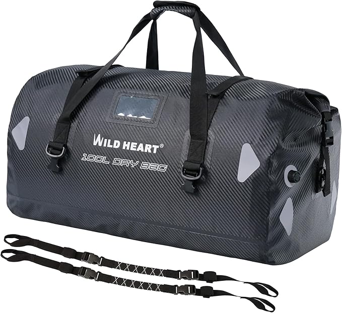 WILD HEART Waterproof Motorcycle Duffel Bag PVC500D Double-bottom With Rope Straps and Inner Pocket 40L 66L 100L for Kayaking, Camping, Boating,Motorcycle