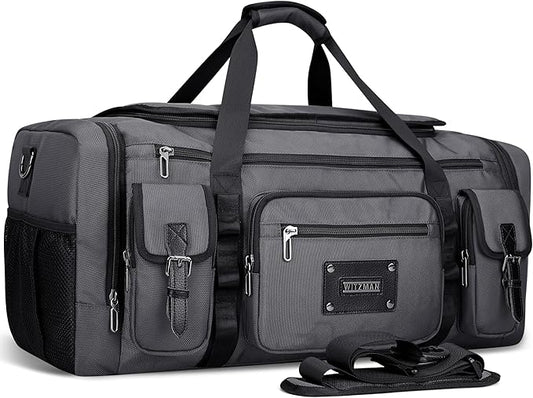 WITZMAN Duffle Bag for Men Large Carry On Weekender Bag 54L Nylon Duffle Gym Bags for Travel with Shoes Compartment(B717 Silvery Grey)