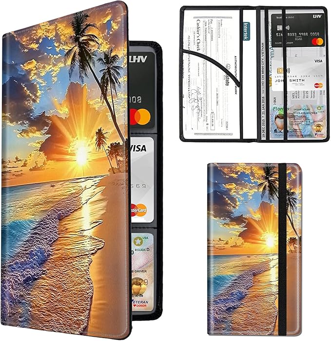 Car Registration and Insurance Holder,PU Leather Car License Document Insurance and Registration Card Holder Men Women Vehicle Glove Box Organizer Auto Accessories-Beach Sunset