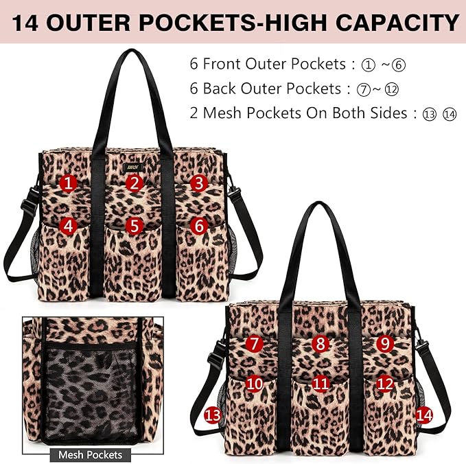 IBFUN Utility Tote Bag with 14/24 Pockets Zip Top Teacher Tote Bag for Teacher/Work Women