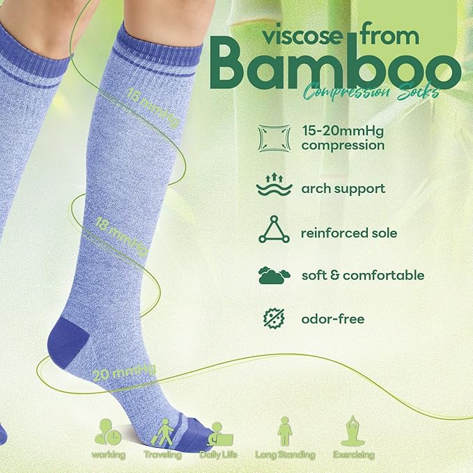 Iambamboo Compression Socks Women & Men, 15-20 mmHg Bamboo Viscose Knee High Soft Support for Flying Travel Daily