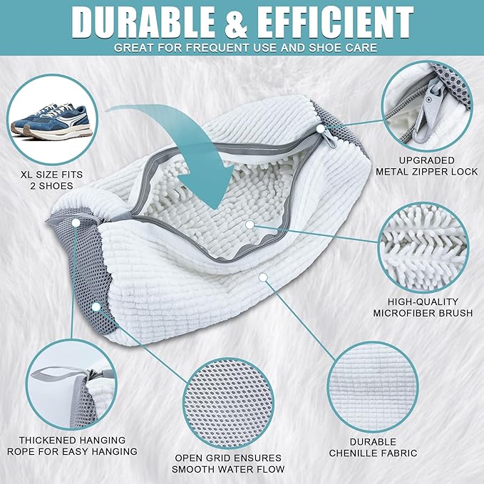 XXL Shoe Washing Machine Bag - 2-Pack Reusable Shoes Cleaning Bags, 360° Deep Clean for Tennis Shoes, Sneakers and Slippers, Includes 2 Shoe Storage Dust Bags (White)