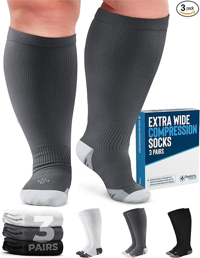 Doctor's Select Plus Size Compression Socks Wide Calf - Up to 6XL | 20-30 mmHg | Women's Wide Calf Socks | Black, White, Gray