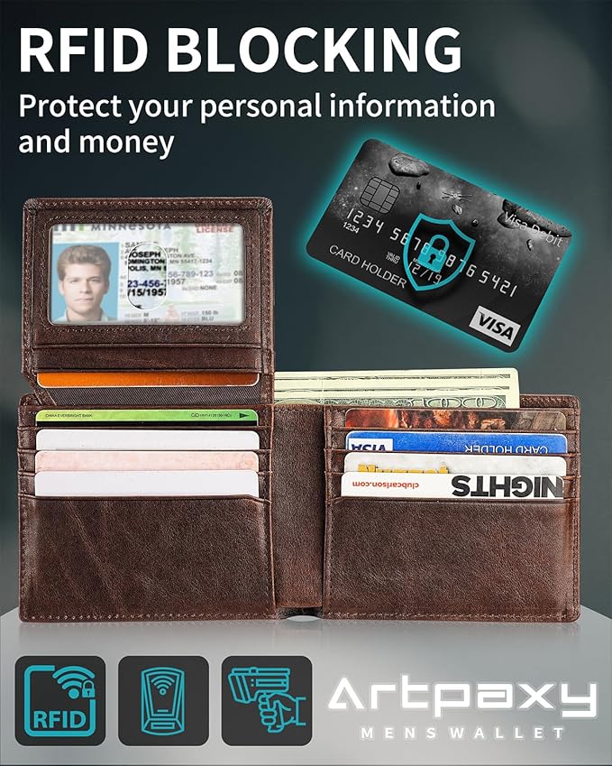 Artpaxy Mens Wallet Genuine Leather Bifold RFID Blocking Wallet for Men with 2 ID Windows 12 Card Holders 2 cash pockets 1 Gift Box