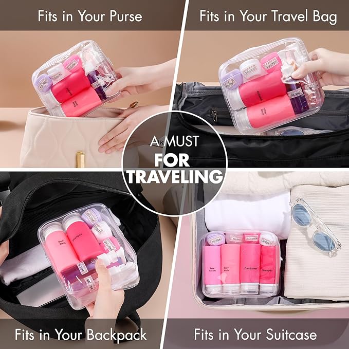 Muslish 21 Pack Travel Bottles for Toiletries, Leak-Proof TSA Compliant Silicone Travel Size Containers for Shampoo and Conditioner, BPA Free with Toiletry Bag (Pink)