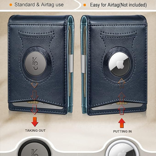 KS Mens Wallet Gift Airtag or Standard Use,Slim Front Pocket Leather Wallet Money Clip 11 cards RFID Blocking