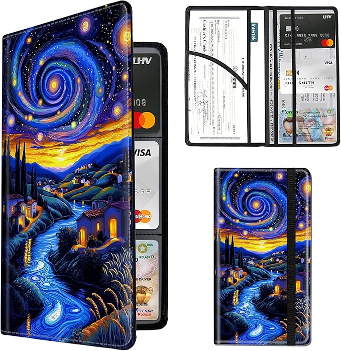 Car Registration and Insurance Holder,Leather Insurance License and Registration Card Holder for Car Glove Box, Auto Truck Document Holder Organizer for Men Women-Starry Night Village Field