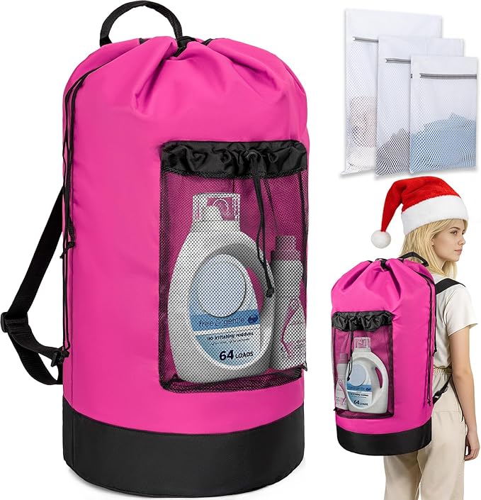 Laundry Bag Backpack with 3 Sizes Mesh Wash Bags and Shoulder Straps Foldable Clothes Hamper Bag with Drawstring Closure for College, Apartment, Laundromat (Pink)