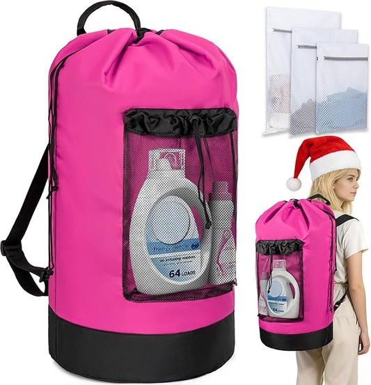 Laundry Bag Backpack with 3 Sizes Mesh Wash Bags and Shoulder Straps Foldable Clothes Hamper Bag with Drawstring Closure for College, Apartment, Laundromat (Pink)