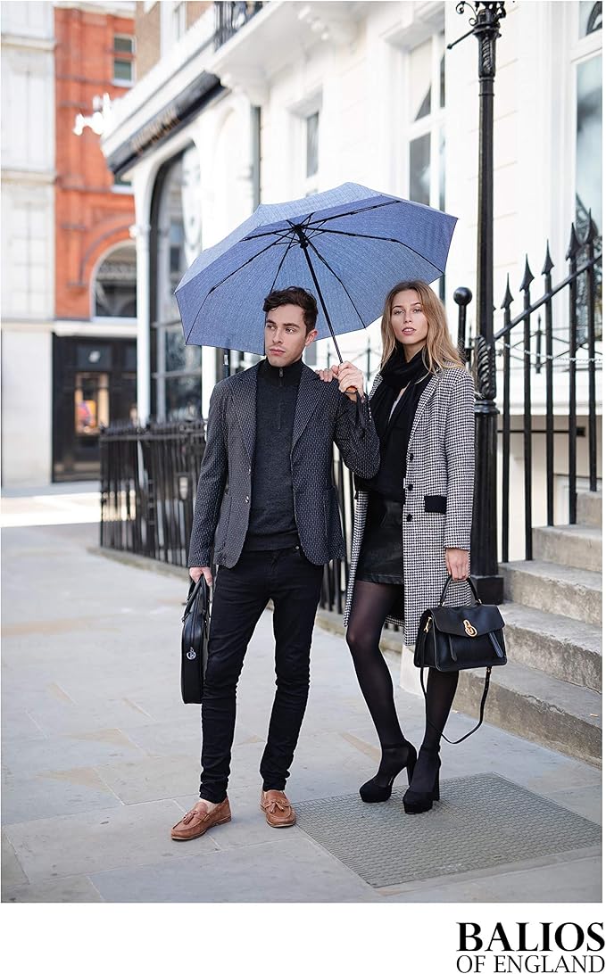 Balios (Designed in UK) Travel Umbrella Luxurious Golden Hardwood Handle Auto Open & Close Windproof Frame Single Canopy Automatic Folding Umbrella Men's & Ladies