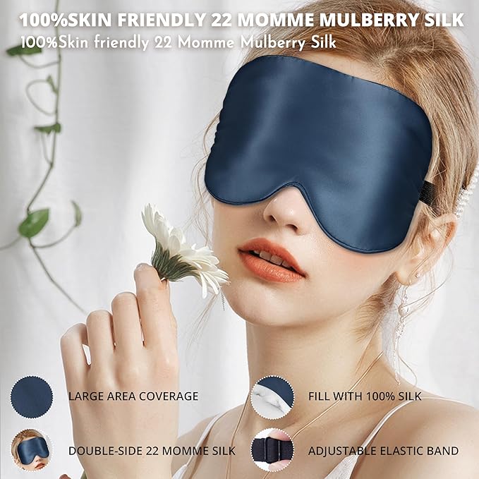 Silk Sleep Mask 100% 22 Momme Mulberry, Sleep Eye Mask for Women Men, Blackout Blindfold with Adjustable Strap, Side Sleeper Eye Cover, Soft Eyeshade Filled with Premium Mulberry Silk (Blue)