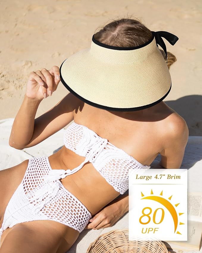 Camptrace Sun Visors for Women Wide Brim Beach Hat Foldable Straw Visor Hat Ponytail Summer Packable UPF 50+