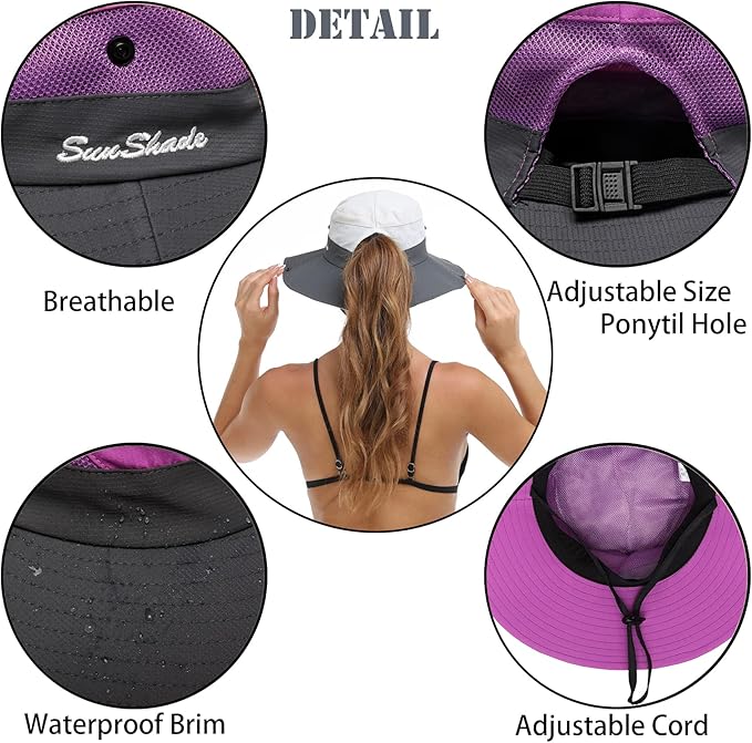 Womens Summer Sun Hat Beach Hat Wide Brim Outdoor UV Protection Hat Foldable Cool Mesh Ponytail Bucket Hat