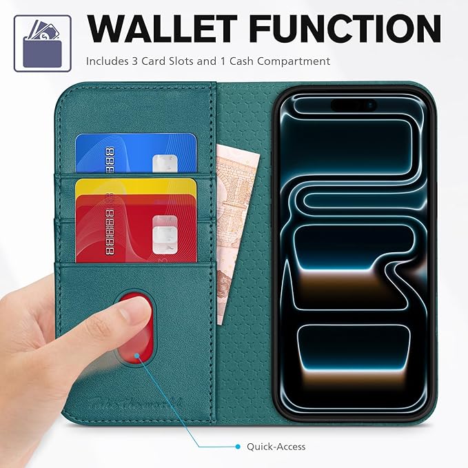 TUCCH Case Wallet for iPhone 17 Pro (6.3-Inch) 2025, [3 Card Slots] Kickstand [RFID Blocking] PU Leather Case, Flip Folio Cover with [TPU Shockproof Interior Shell], Teal Green