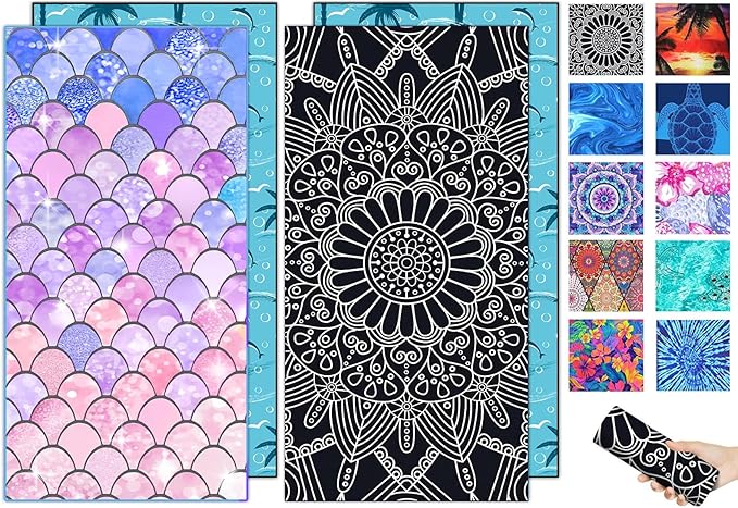 2 Packs Sand Proof Microfiber Beach Towels Adult –Quick Fast Dry Beach Oversized Accessories for Travel Swim Pool Yoga Camping Blanket Essentials Lightweight Must Haves Items Women Gifts Mandala Scale