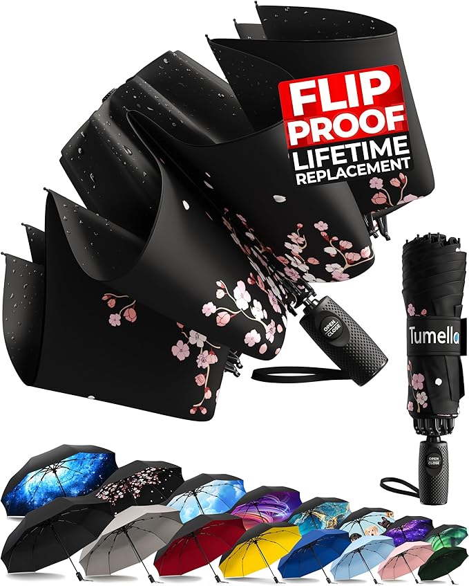 TUMELLA Flip-proof Inverted Travel Umbrella, Small Strong but Light Portable and Automatic Reverse Folding Rain Umbrella, Durable Premium Grip, Fits Car & Backpack