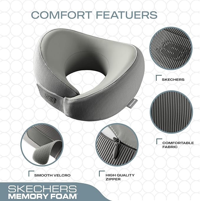 Skechers Men's Memory Foam Neck Pillow, Comfortable & Breathable Travel Pillow,Neck Pillow Airplane for Travel, Car Rides, Home, and Office Use, Ergonomic Design for Men and Women,Grey