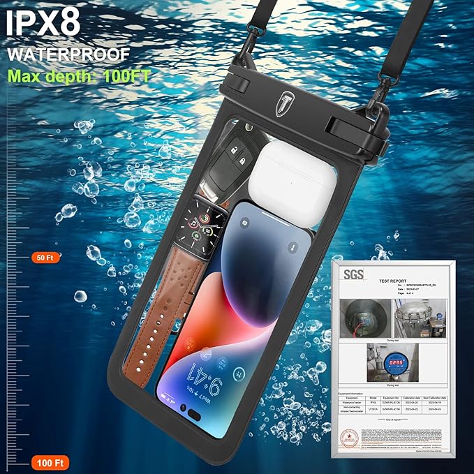 [Up to 10"] Tekcoo Large Capacity Waterproof Phone Case IPX8 [2-Pack] Black Pouch Lanyard Vacation Dry Bag for iPhone 17/16/15/14/13/12 Pro Max/Pro/Air/SE, Galaxy S25/S24 FE/S23/S22/A17/A15/A14/A36
