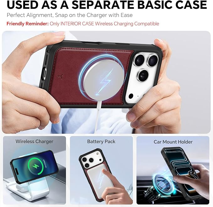 TUCCH Detachable Case Wallet for iPhone 17 Pro (6.3") 2025, Wrist Strap | 4 Card Holders RFID Blocking | Wireless Charging | Stand | 2-in-1 Magnetic | PU Leather | Shockproof Folio Cover | Dark Red