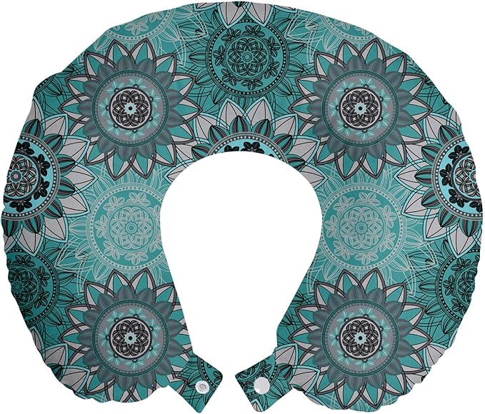 Ambesonne Mandala Travel Pillow Neck Rest, Hippie Oriental Abstract Motifs Traditional Round Spring Inspired Design, Memory Foam Traveling Accessory for Airplane and Car, 12", Taupe Black Turquoise