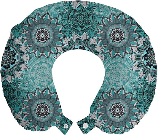 Ambesonne Mandala Travel Pillow Neck Rest, Hippie Oriental Abstract Motifs Traditional Round Spring Inspired Design, Memory Foam Traveling Accessory for Airplane and Car, 12", Taupe Black Turquoise