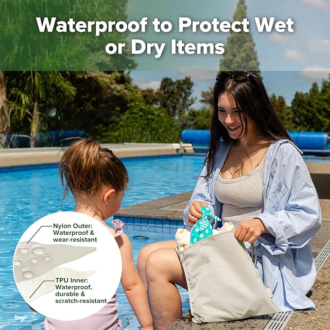 haakaa Waterproof Wet Bags for Baby Wet Dry Bags for Cloth Diaper, Swimsuit & Travel, 2pcs, Beige