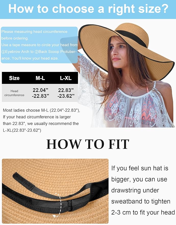Senker Fashion Sun Hats for Women Oversize Wide Brim Straw Beach Hat Floppy Foldable Roll-Up Summer Vacation UPF 50+