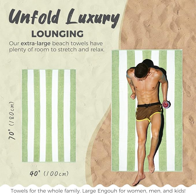 Cotton Oversized Beach Towel - 40 x70 Inch Extra Large Striped Pool Towel, Big Soft Terry Cloth Sage Green Cabana Swim Towel