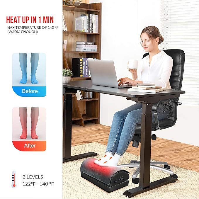 Snailax Foot Rest Under Desk at Work, Heated Under Desk Foot Stool with Double Layer Adjustable Height, Feet Warmer with Vibration Massage, Ergonomic Gaming Home Footstool for Lumbar Back Knee Pain