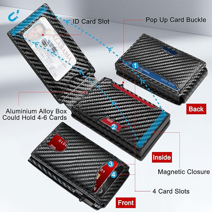 Wallet for Men, Pop Up Bank Credit Card Holder Case, RFID Blocking, Compact, Smart, Slim, Minimalist, Thin, 11 Cards Capacitiy | ID Window | Aluminum Metal | Carbon Fiber Pattern | Women (Black)