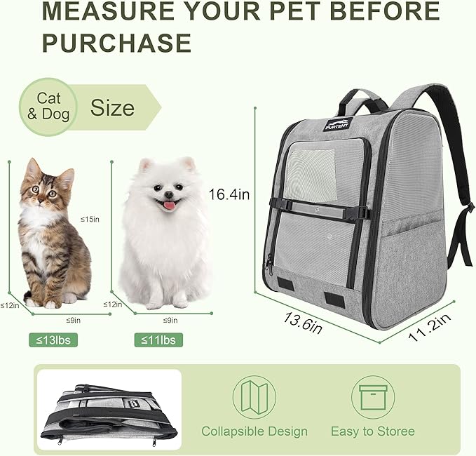 Pet Backpack Carrier for Small Dogs and Cats, Comfortable Portable Cat Bag for Travel Use with Ventilated Mesh, Safety Strap, and Easy-Clean Waterproof Fabric, Grey