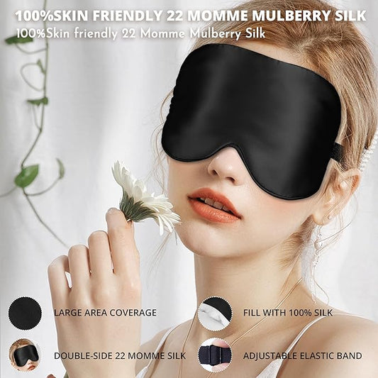 Silk Sleep Mask 100% 22 Momme Mulberry, Sleep Eye Mask for Women Men, Blackout Blindfold with Adjustable Strap, Side Sleeper Eye Cover, Soft Eyeshade Filled with Premium Mulberry Silk (Black)