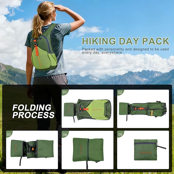 FIORETTO 10L Lightweight Packable Hiking Backpack Small Foldable Daypack for Women Men Compact Travel Backpack for Camping & Outdoor, Green