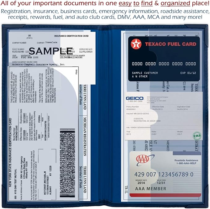 Auto Insurance and Registration Card Holder - Vehicle Glove Box Document Organizer - Car Essential Paperwork Holder for DMV, AAA, Contact Information Cards - Premium PU Leather Wallet Case - Blue