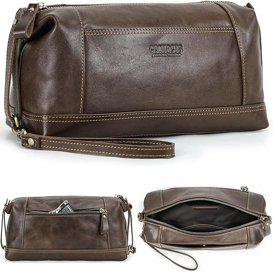 Travel Organizer Bag, Top Grain Leather, Handmade Vintage Design, Large Size & Multi Pockets, Portable Travel Storage Bag for Phone, USB Cable, Charger, Notebook, Cash, Cosmetics, Toiletries