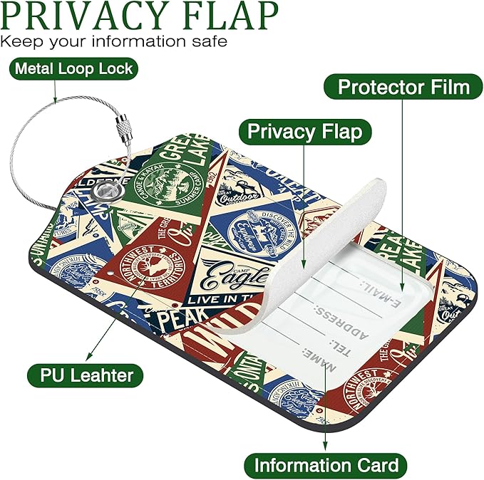 2 Pack Luggage Tag for Suitcase Nautical Patches Mountain Lake Camp Flag Leather Suitcase Tags with Privacy Name ID Label and Stainless Steel Loop for Travel Bag
