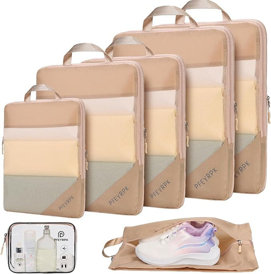 Lightweight Compression Packing Cubes for Suitcases, Compressible Expandable Travel Packing Organizer with Clear Toiletries and Backpack Bag, Travel Essentials for Carry on Luggage 7 Set