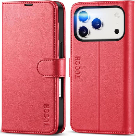 TUCCH Wallet Case for iPhone 17 Pro (6.3-Inch) 2025, RFID Blocking 4 Card Slots | Kickstand | Magnetic Closure | PU Leather | Shockproof TPU Shell | Protective Flip Folio Cover | Red