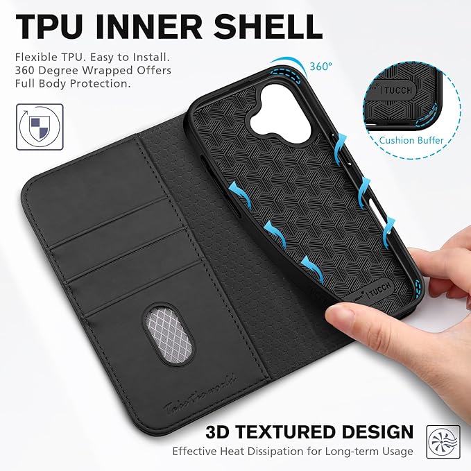TUCCH Case Wallet for iPhone 17 (6.3") 2025, RFID Blocking 3 Card Holders | Kickstand | PU Leather | Protective Flip Folio Cover | TPU Shockproof Interior Shell | Black