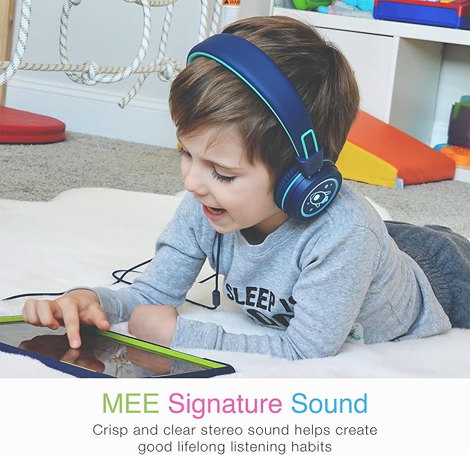 MEE audio KidJamz KJ55 Personalized USB-C Safe Listening Wired Headphones for Kids with Custom LED-Backlit Design, Volume Limiter, & Microphone for iPhone 15, iPad, & USB Type C Devices (Blue)