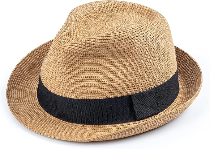 DRESHOW Women Straw Panama Hat Travel Fedora Beach Sun Hat Summer Wide Brim Straw Roll up Hat UPF 50+