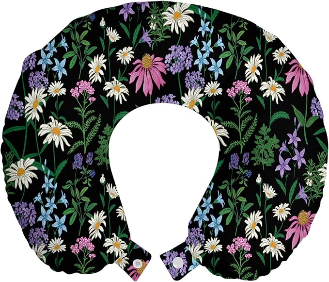 Ambesonne Aster Travel Pillow Neck Rest, Forest Wildflowers Daisy Blooms Herbs Lavender Botanical Garden Foliage, Memory Foam Traveling Accessory for Airplane and Car, 12", Charcoal Grey